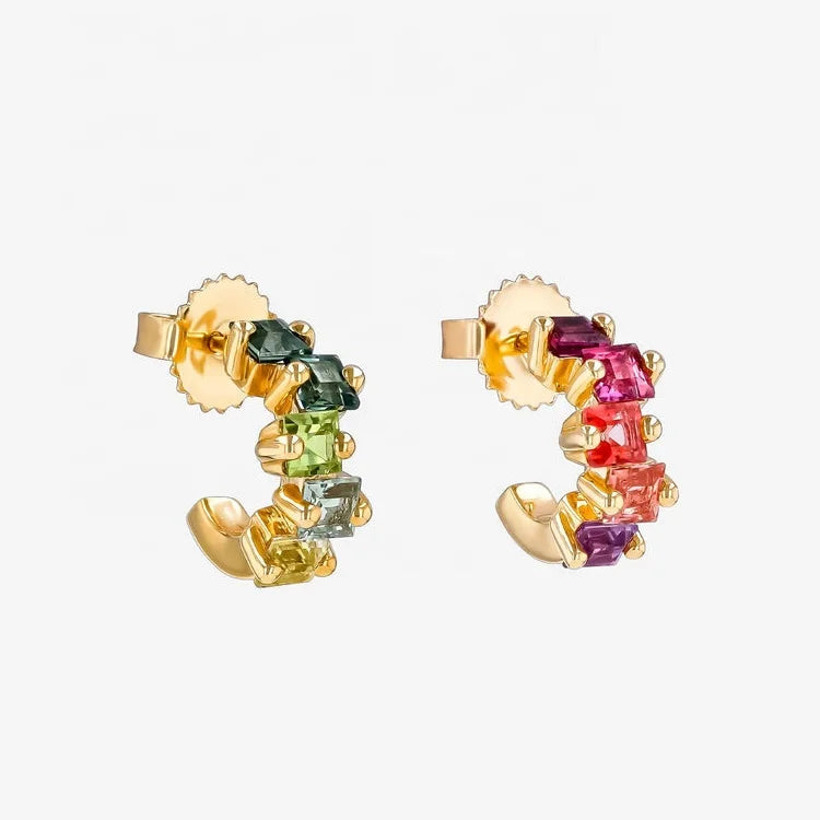 LOZRUNVE Jewelry Factory Wholesale 925 Sterling Silver Princess Cut Elegant Ruby Sapphire Rainbow CZ Small Hoop Earring