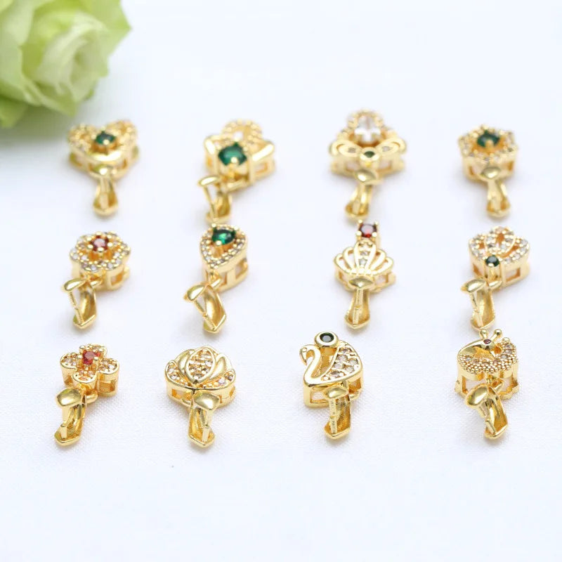 New Gold Plated Brass Green Zircons Teardrop Pins Pendant With Connector Clasp Pinch Bail for Jewelry Making Supplies
