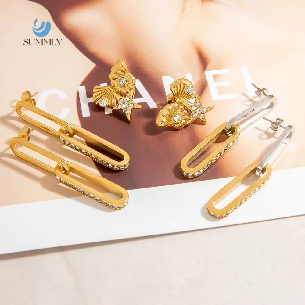 SUMMLY Vintage Wholesale Trend Creative Simple Geometric 18K Gold Plated Zirconia Stainless Steel Earrings Fashion Jewelry