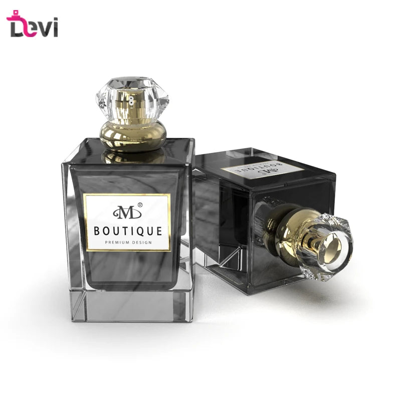 Devi Wholesale Private Label 100ml Vintage Luxury Square Refillable Empty Container Perfume Glass Bottle Screen Printing Carton