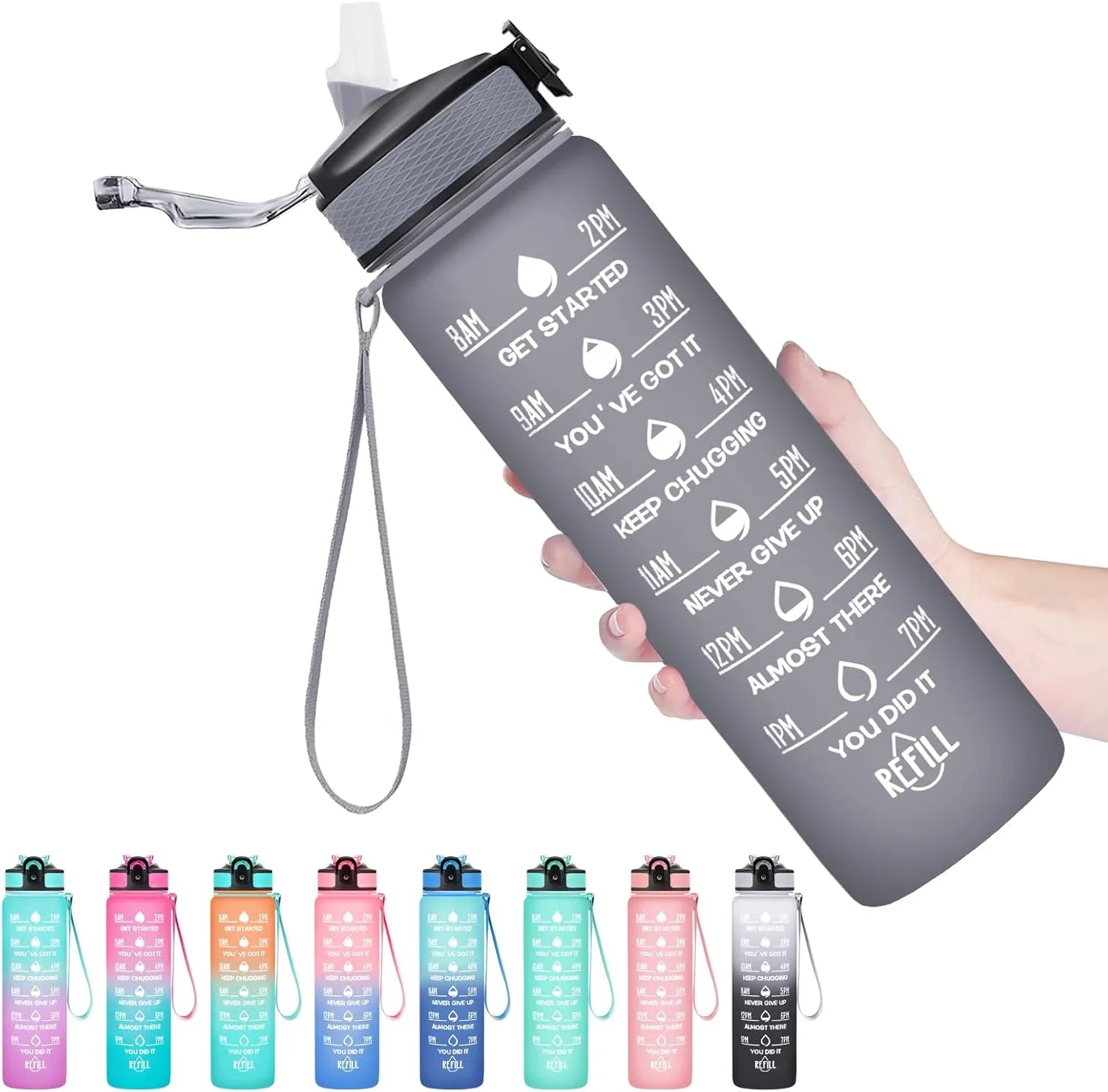 Custom Botellas De Agua Reusable Plastic 32oz Motivational Fitness Gym Sports Water Bottle With Time Marker Leakproof Flip Top