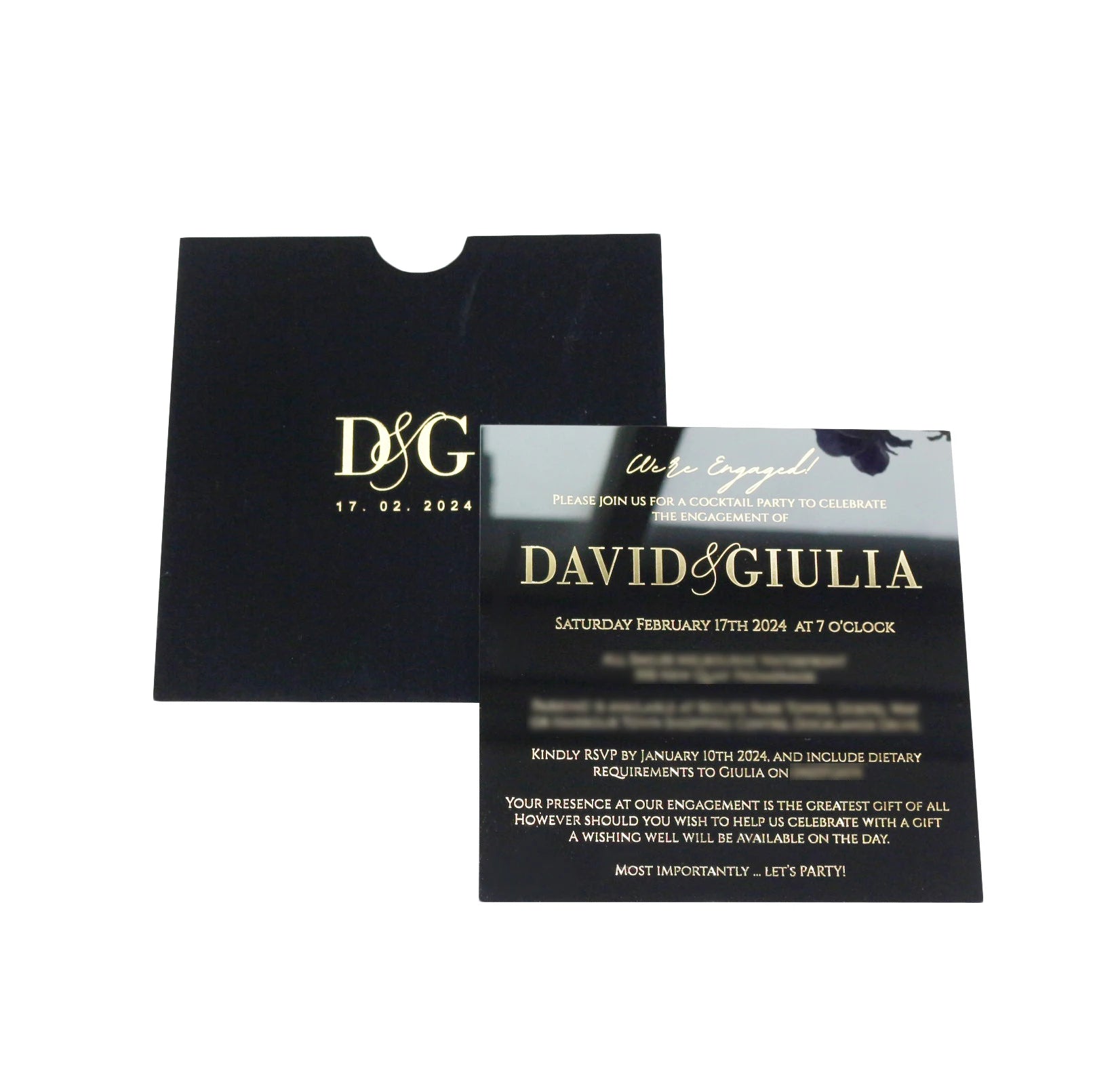 Black Acrylic Wedding Invitation Thickness 2mm with Gold Foiling Black Velvet Pocket Envelope