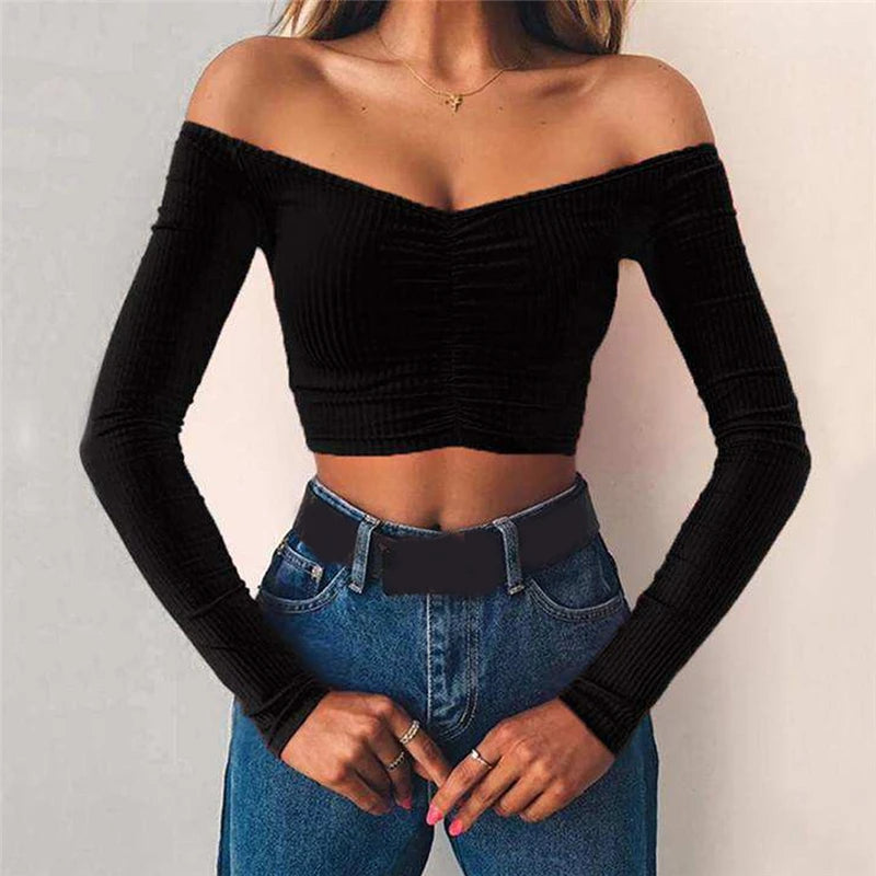 2020 New Design Women Casual Off Shoulder Crop Top Ladies Tunique Elegant Dames Party Club Streetwear D0082-1