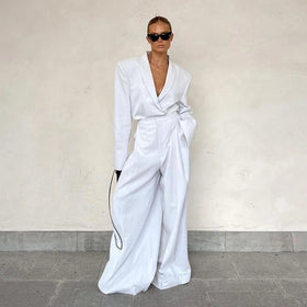Fashionable Women's Two Piece Set Trouser Pantalon And Shoulder Padded Button Down White Blazer Suit For Women