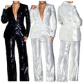 Women Suit Long Sleeve V-neck Polyester Sequined 2 Pieces Sets Top and Pant Ladies Temperament Commuting Slim Sequin Sets 2024