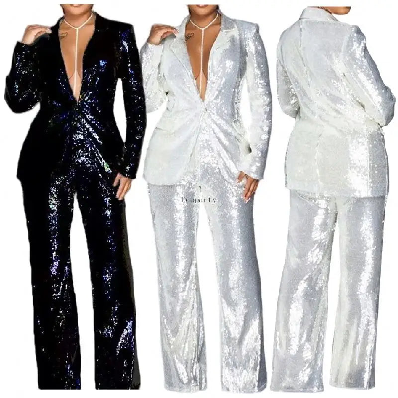Women Suit Long Sleeve V-neck Polyester Sequined 2 Pieces Sets Top and Pant Ladies Temperament Commuting Slim Sequin Sets 2024