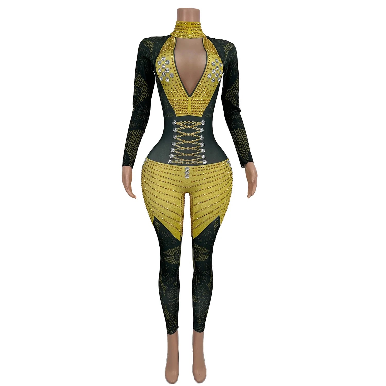 Sexy Rhinestone Bodycon Rhinestone Jumpsuit Skinny Rompers Women Dancer Leotard Las Vegas Show Drag Queen One Piece Bodysuit