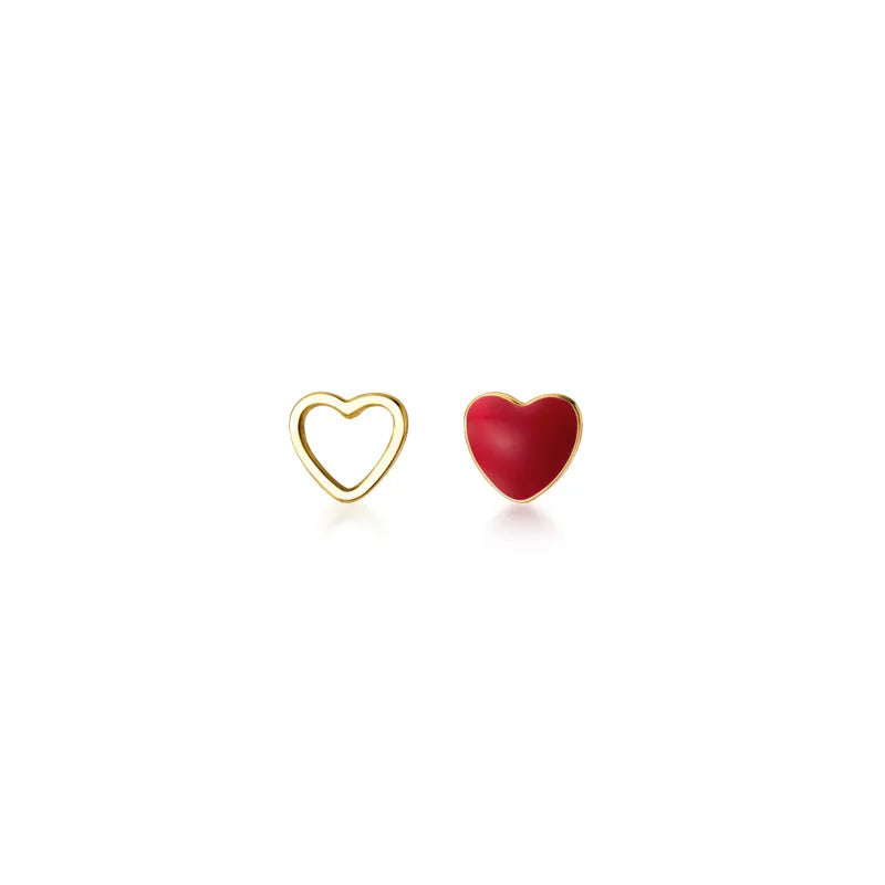 925 Sterling Silver Mini Red Heart Shaped Gold Plated Studs Earings Asymmetrical Cute Earrings Fashion Jewelry for Women Girls