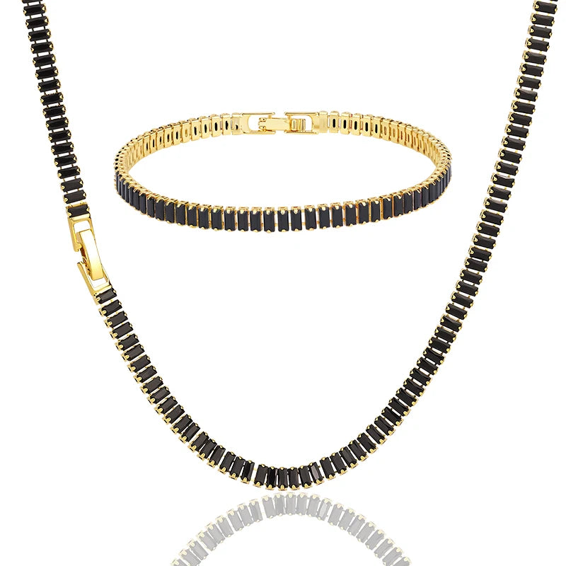 Premium Charm Ladies 4mm Black Square Zircon Tennis Chain Set 18K Gold Plated Zircon Tennis Necklace Bracelet