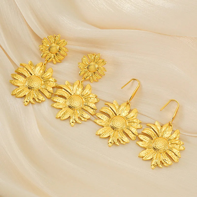 Elegant 18K Gold Plated Sun Flower Stud Earrings Waterproof Jewelry Stainless Steel Sunflower Drop Earrings for Lady