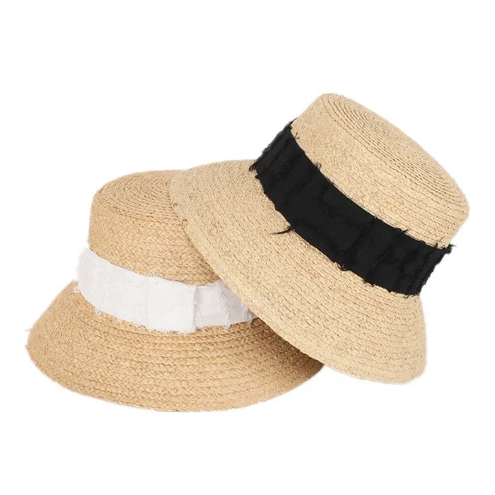 Custom Trendy New Frayed Ribbon Bucket Sun HAT Shape Natural Raffia Straw Hat for Ladies Women Summer Sun Shade