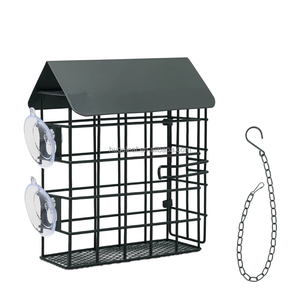 Single Suet Cake Holder Outdoor Metal Garden Window Birder Feeder with Hanging Chain and Suction Cups