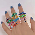 11 Colored Bohemian Handmade Colorful Acrylic Resin Elastic Bead Ring Stackable Blue Beaded Stretch Devi Evil Eyes Ring