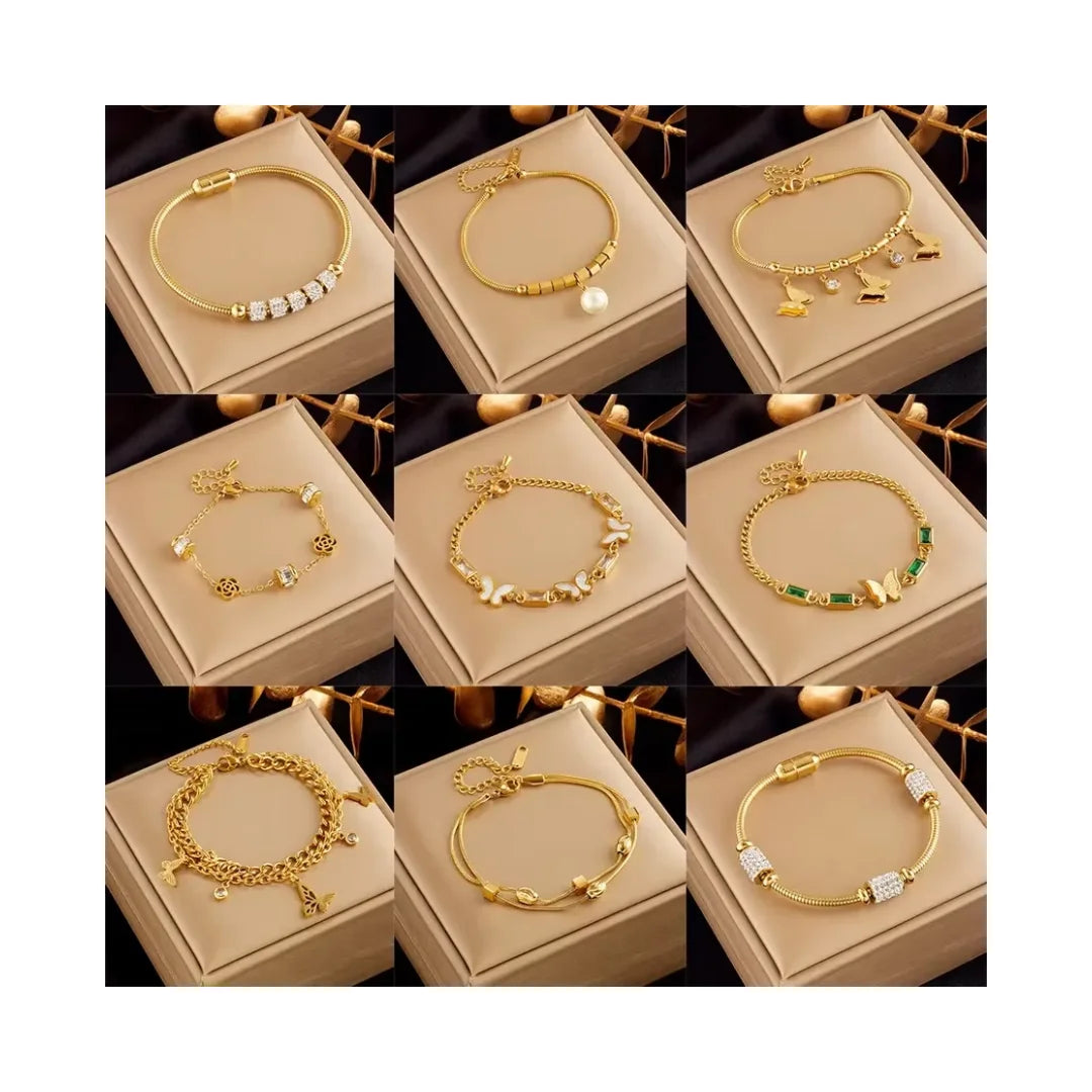 Pulsera De Acero Inoxidable Luxury Stainless Steel Gold Plated Cuban Chain Butterfly Bracelet Women Layered Flower Bracelet