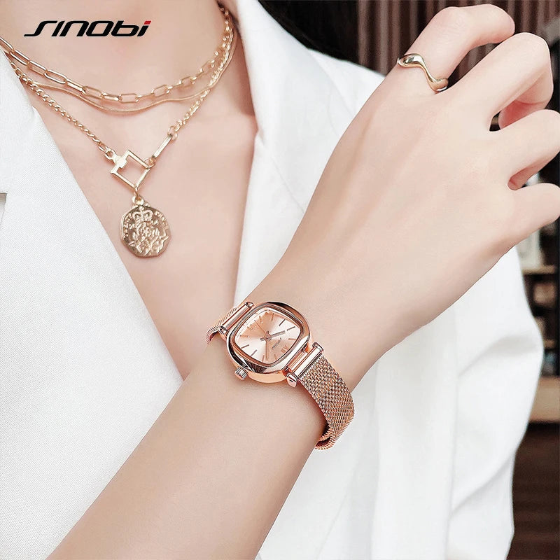 Sinobi Fashion Rectangle Golden Stainless Steel Seiko Movement Women's Quartz Watch Luxury Casual Design