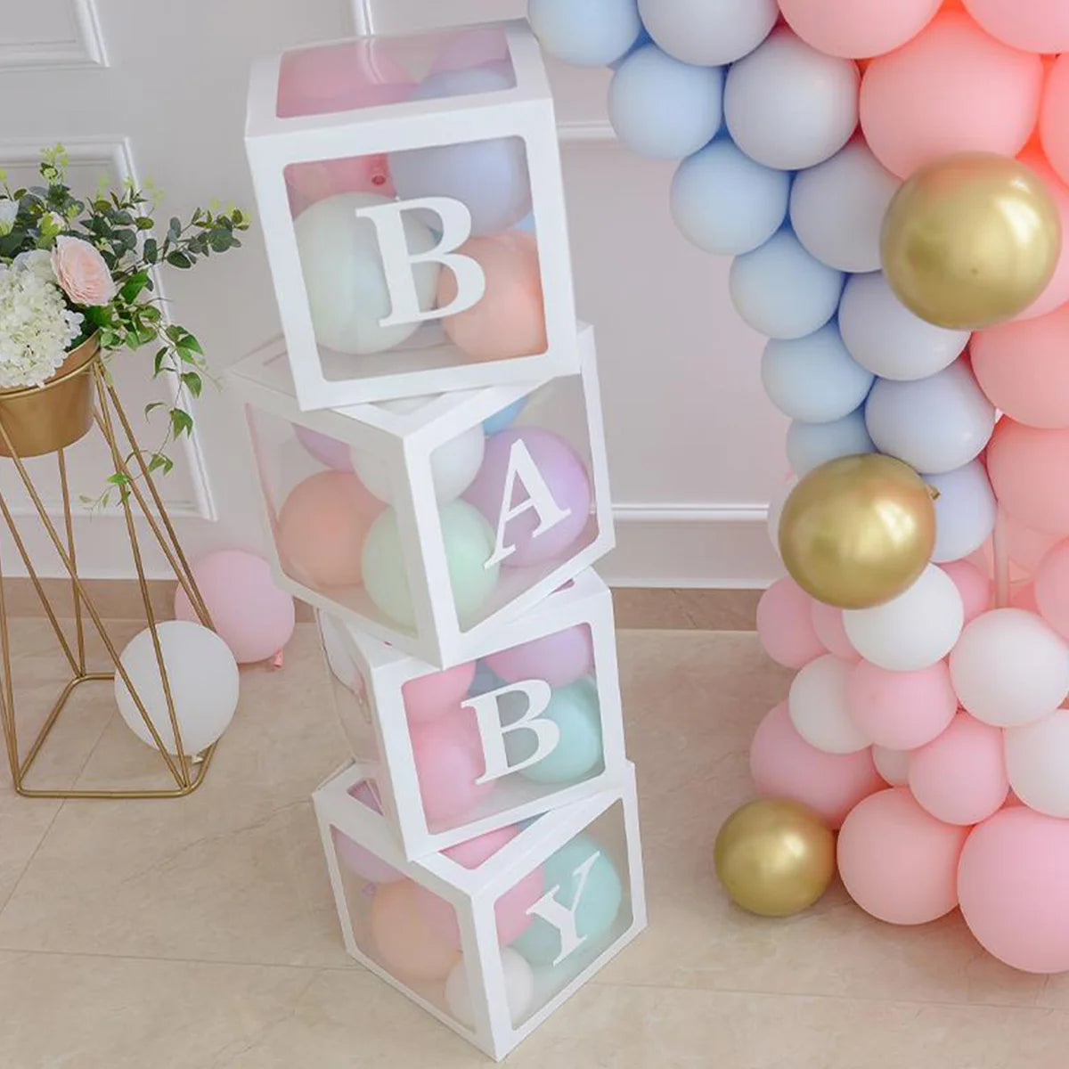 4pcs/set Gold Baby Shower Box Transparent Balloon Boxes Letters Decoration Birthday Gift Set Event Party Holiday Supplies