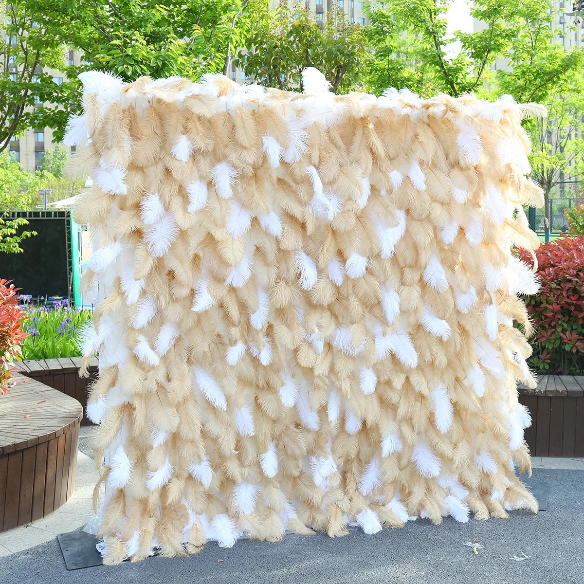 H-523 8ftx8ft 3d Red Purple White Feather Flower Wall Backdrop Artificial Fabric Roll up Flower Wall for Wedding Decoration