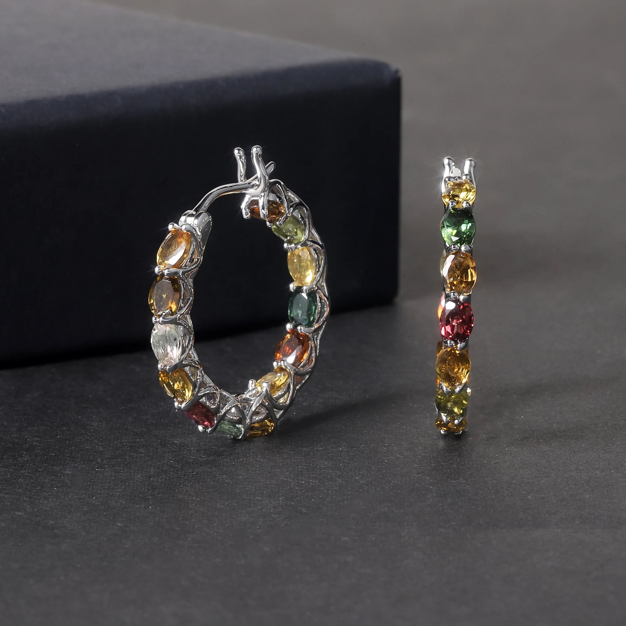 RZ0010 Abiding Fine Jewelry Wholesale Inside Outside Hoops Multi Color Tourmaline Gemstone 925 Sterling Silver Hoop Earring