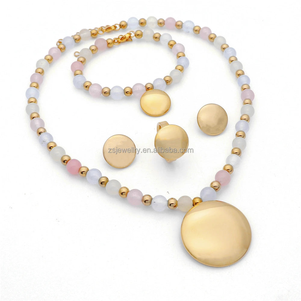 Anniyo Women Design Bead Plated Women Sets Arabic Jewelry Set Gold Gemstone Metal Hawaiian Pearl 18K Stainless Steel Geometric