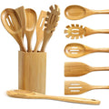 Premium 6-piece Natural Eco-friendly Smooth Accessories Custom Logo Bamboo Kitchen Cooking Spurtles Utensils Set with Holder