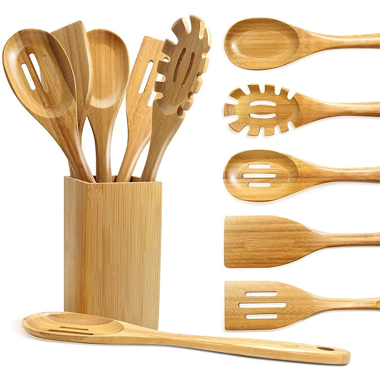 Premium 6-piece Natural Eco-friendly Smooth Accessories Custom Logo Bamboo Kitchen Cooking Spurtles Utensils Set with Holder