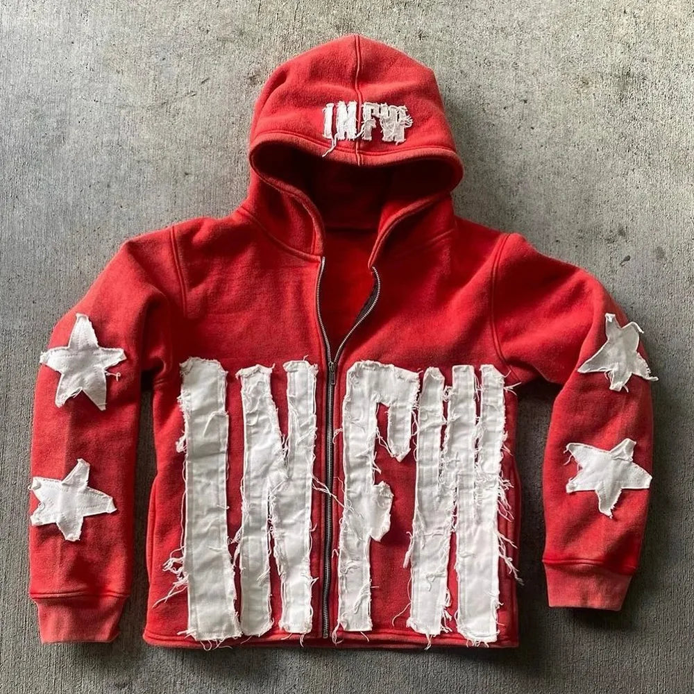 Dcy Custom Applique Patch Embroidery Zip up HoodieCustom Distressed Zip up Hoodie MenDistressed Embroidery Hoodie Set Custom