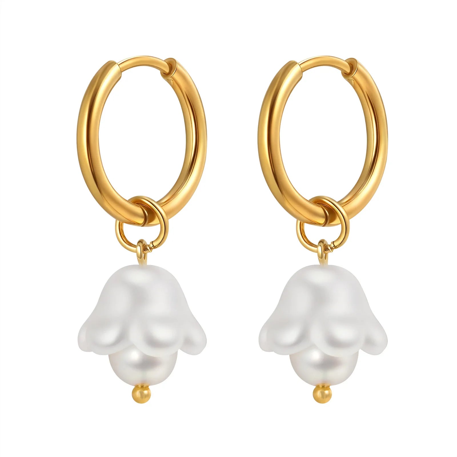 N&S Ladies Stainless Steel Earrings Geometric Glazed Lily Bell Natural Beaded Gold Wedding Party Accessory Featuring Pearl