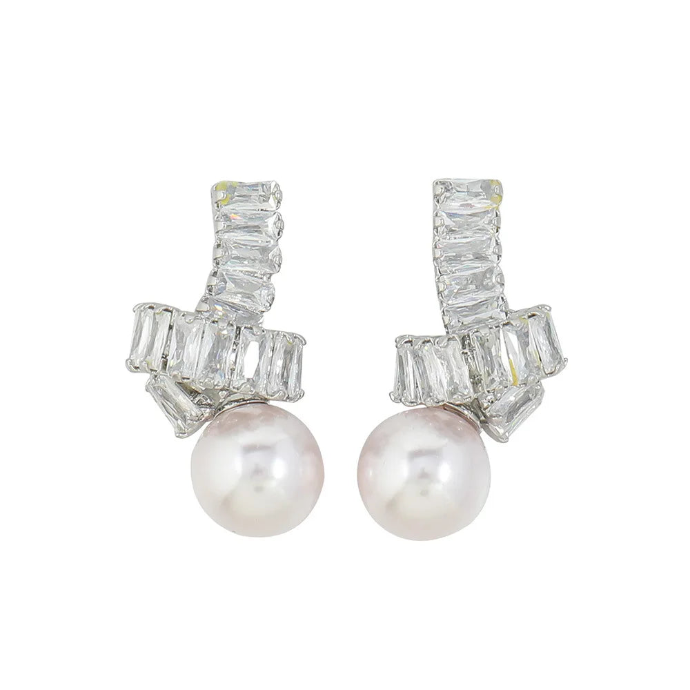 Shescity Silver Plated Brass Drop Earrings Trendy Minimalist Zircon Pearl Designer Stud Earrings Jewelry for Women