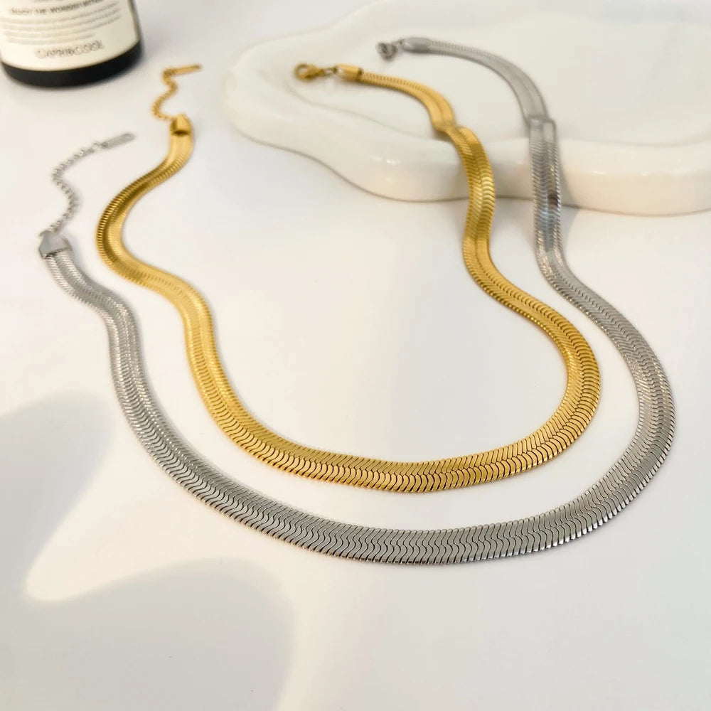 Classic Fashion 18k Gold Plated Stainless Steel Flat Snake Chain Non Fading Necklace Fashion Jewelry for Women