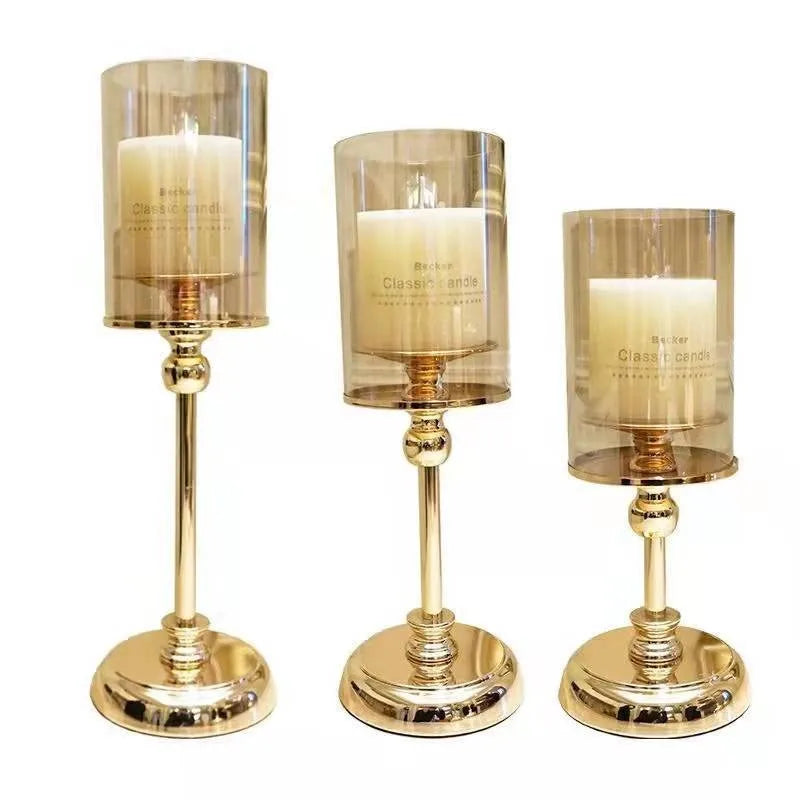 Luxury Metal Candle Holder Sticks Wax Candles Container Glass Cylinder Wedding Event Home Party Decor Candle Jars Candlestick