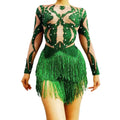 Fashion Green Crystal Fringes Gymnastics Dance Leotard Women Tassel Pole Dance Bodysuit Playsuit Stage Performance Costume