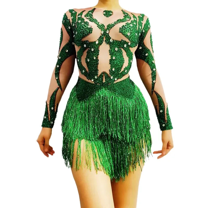 Fashion Green Crystal Fringes Gymnastics Dance Leotard Women Tassel Pole Dance Bodysuit Playsuit Stage Performance Costume
