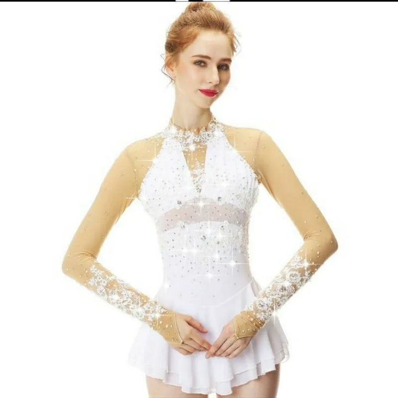 For LIUHUO Women's White Ice Skating Dress Pearls Stretch Mesh Christmas Holiday Dance Costume Ballroom Performance Wear for Gir