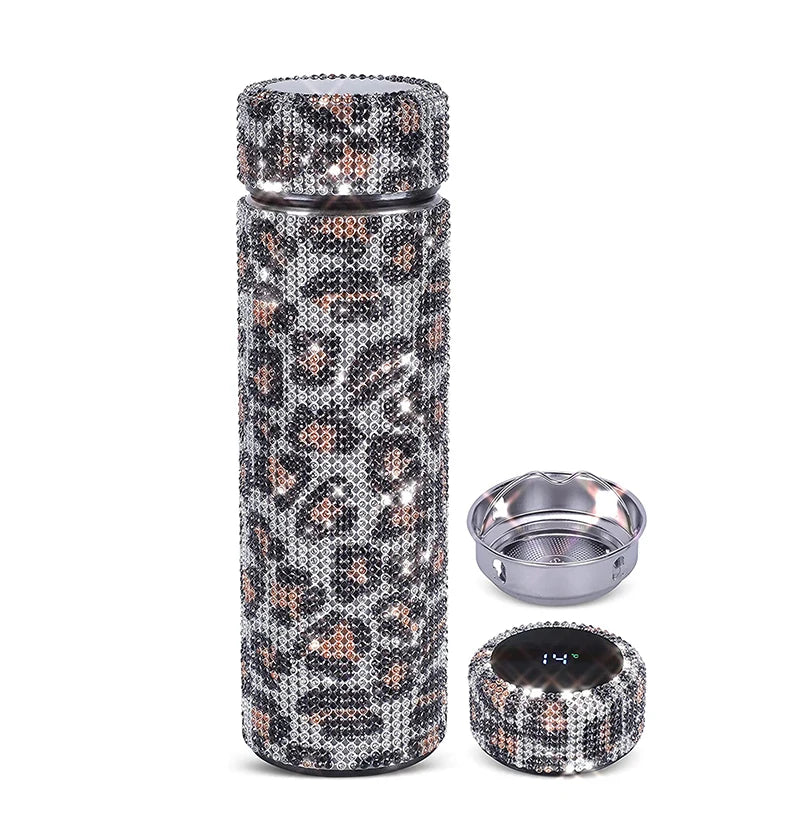 500ml Luxury Stainless Steel Led Diamond Insulated Bling Tumbler Cup Rhinestone Water Bottle With Temperature Display