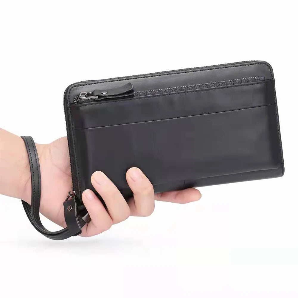 Men's Fashion Genuine Leather Long Portable Phone Money Clip Wallet Zipper Linen Lining Thread Pattern Guangzhou Passport Fit