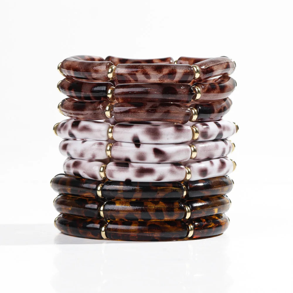 Winter Vintage 8mm Bamboo Bead Bangles Gold Septum Folded 3pcs / Set Leopard Print Acrylic Tube Beads Bracelet Set for Women