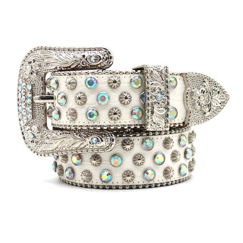 Rhinestone Diamond Alloy Bb High Quality Luxury Designer Men's Accessories Waist Studded Elastic Punk HipHop Chain Belts PU
