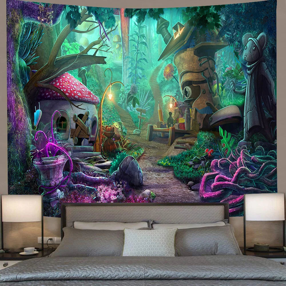 Psychedelic Forest Castle Tapestry Trippy Mushroom Butterfly Art Boho Design Wall Hanging Living Room Home Dorm Decor