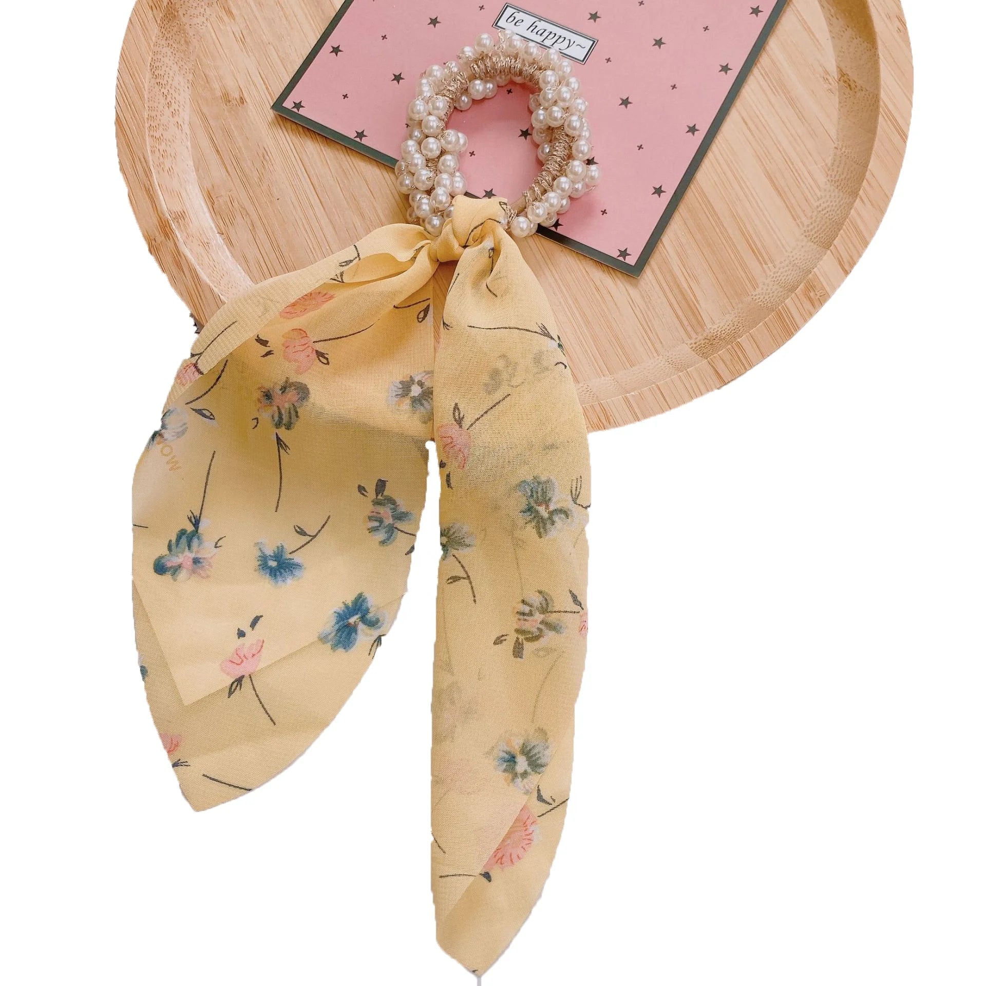 MIO New  Scarf Hair Scrunchies Floral Hair Ties Graceful With Pearl Elastic Bands Ribbon Fabric Scrunchies