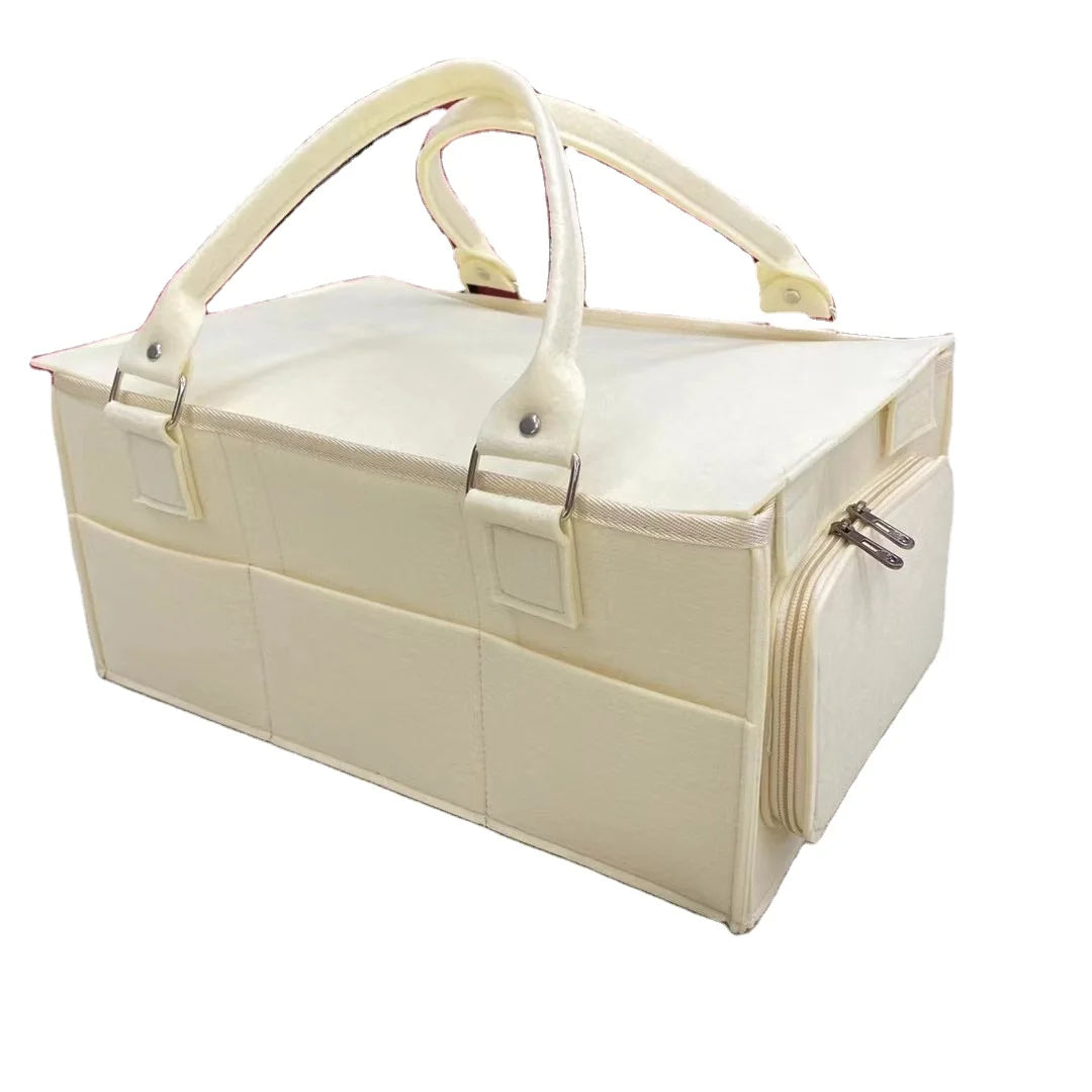 Custom Double Layer Newborn Felt Diaper Caddy Organizer Tote Bag Style With Leather Logo for Baby Diaper Storage