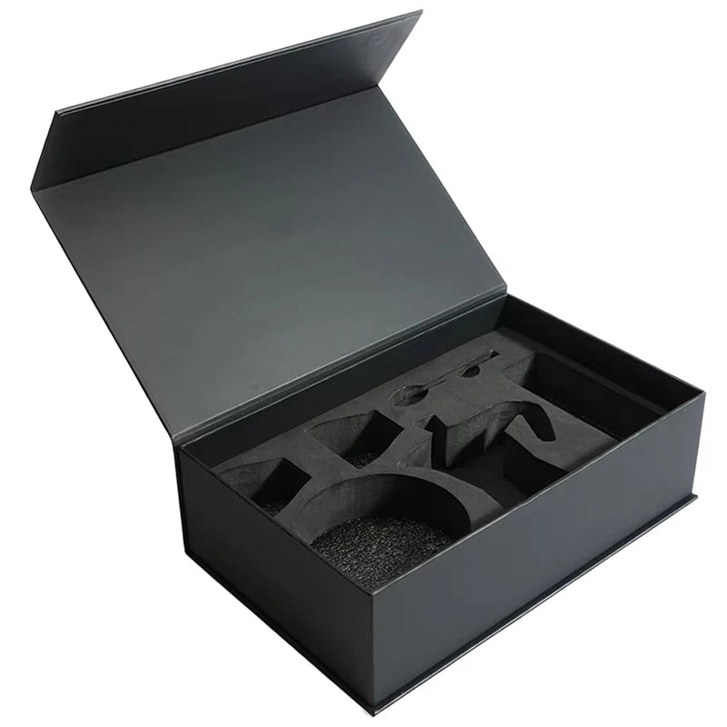 High-end Custom 350gsm Hard Black Paper Magnetic Packaging Box UV Coating Foil Magnetic Gift Box with EVA Insert