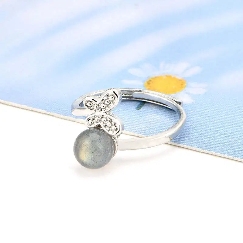 High Value Natural Exquisite Labradorite Spherical Ring Spherical Gemstone Adjustable Ring
