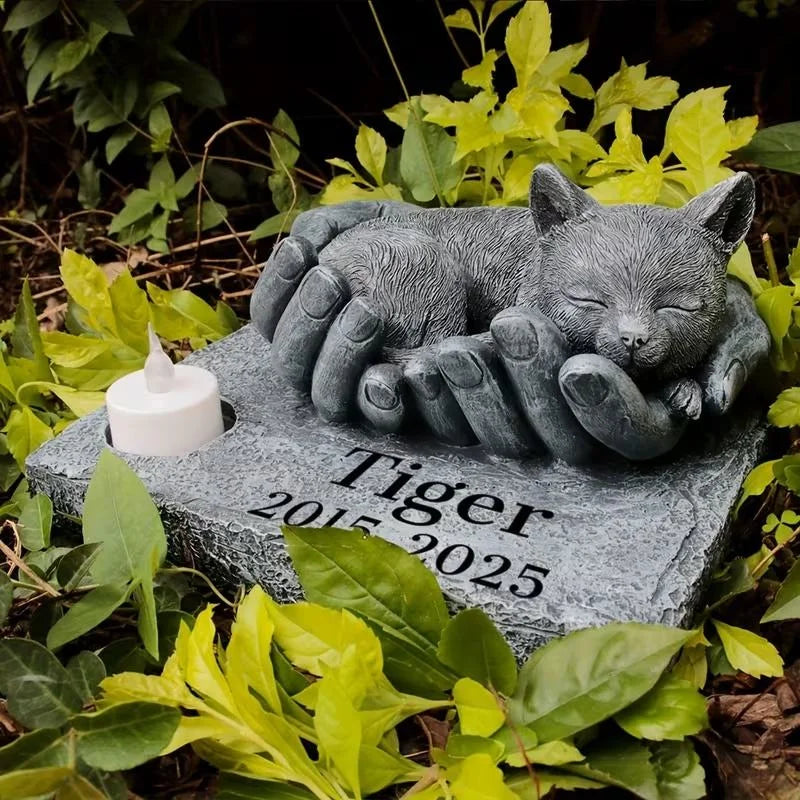 Resin Gray Stone Pattern Hand-Held Cat-Shaped Personalized Commemorative Ornament Candle Holder Engraved Text Fashion Garden