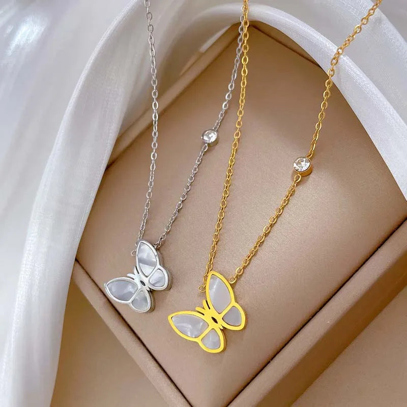 Accessories Jewelry Mother of Pearl 18K Gold Plated Butterfly Pendant No Fade Stainless Steel Shell Butterfly Necklace for Girls