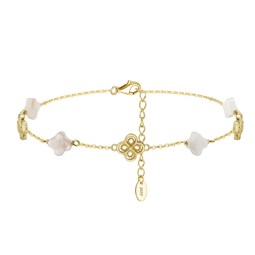 RINNTIN GMA03 Fashion 925 Sterling Silver Anklet 14K Gold Plated Natural Shell Pearl Four-Leaf Clover Charm Anklet for Women