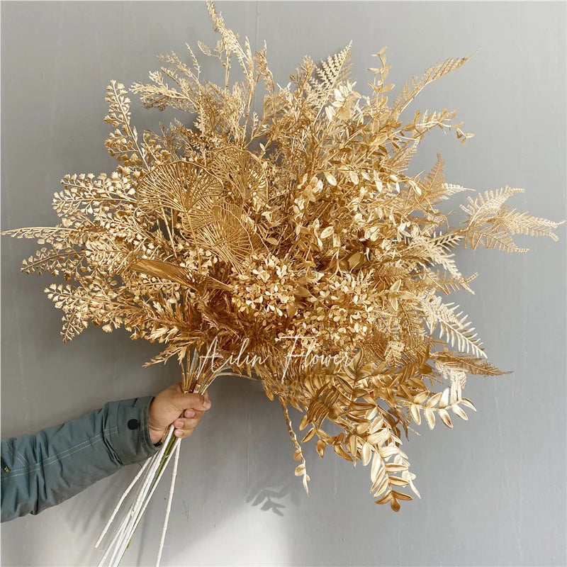 Wholesale Gold Color Plastic Leaves Stage Set Artificial Gold Color Decoration Flowers