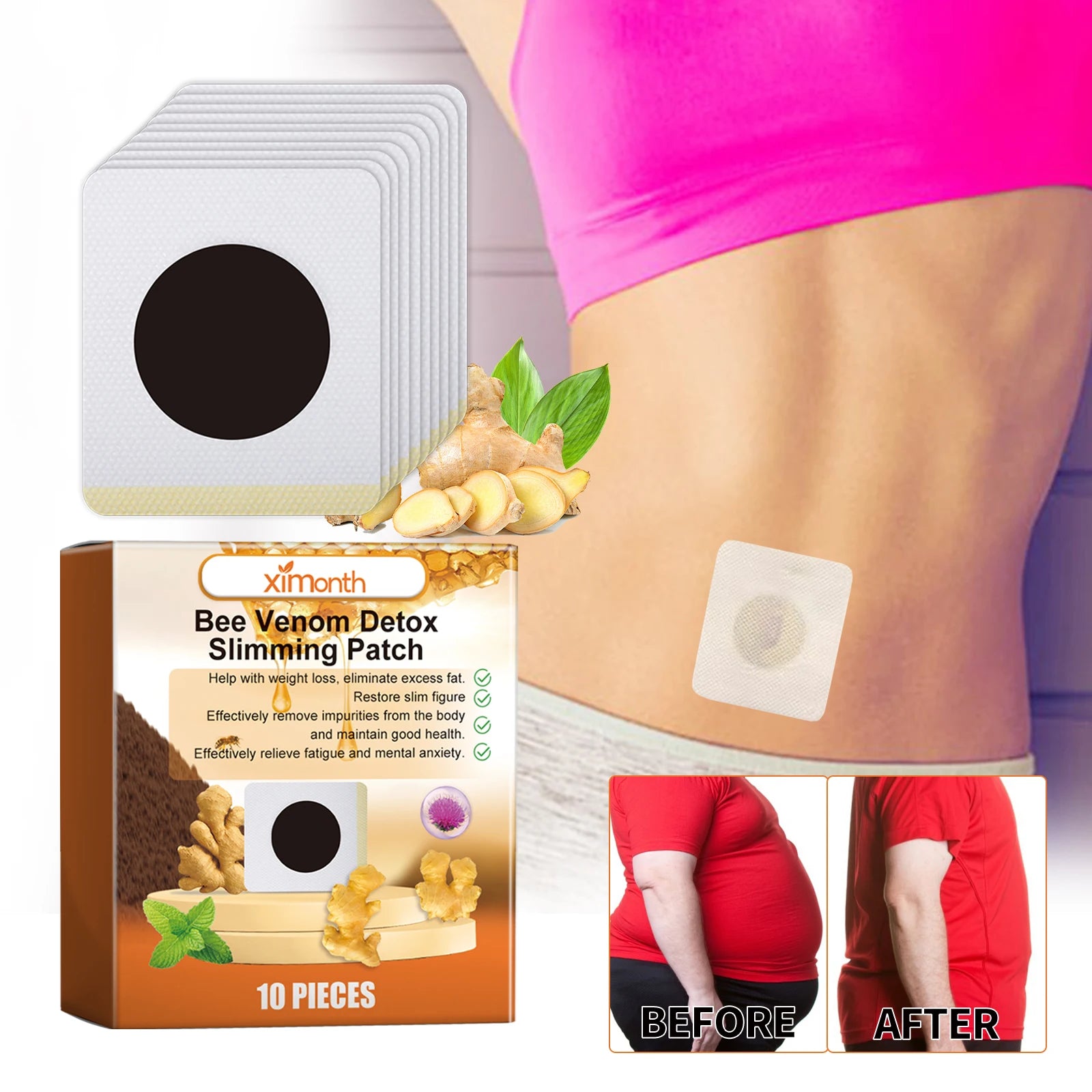 Ximonth 10pcs Bee Venom Detox Slimming Patches Impurities Removingfatigue Mental Anxiety Relieving Slim Patch for Stomach
