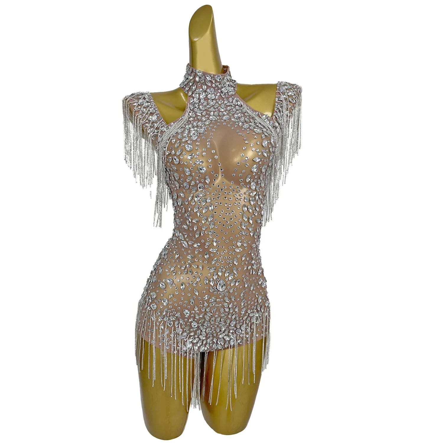 Sexy Tassel Diamond One Piece Short Jumpsuit Exotic Drag Show Dancer Costume Pole Dance Wear Women Party Rhinestone Bodysuit