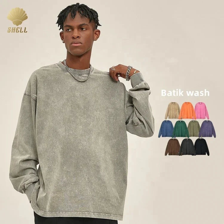 CNSHELL 250gsm Pure Cotton 100 Batik Wash Loose Fit Regular Length Unisex Men Long Sleeve Rib Cuff T-Shirt Streetwear