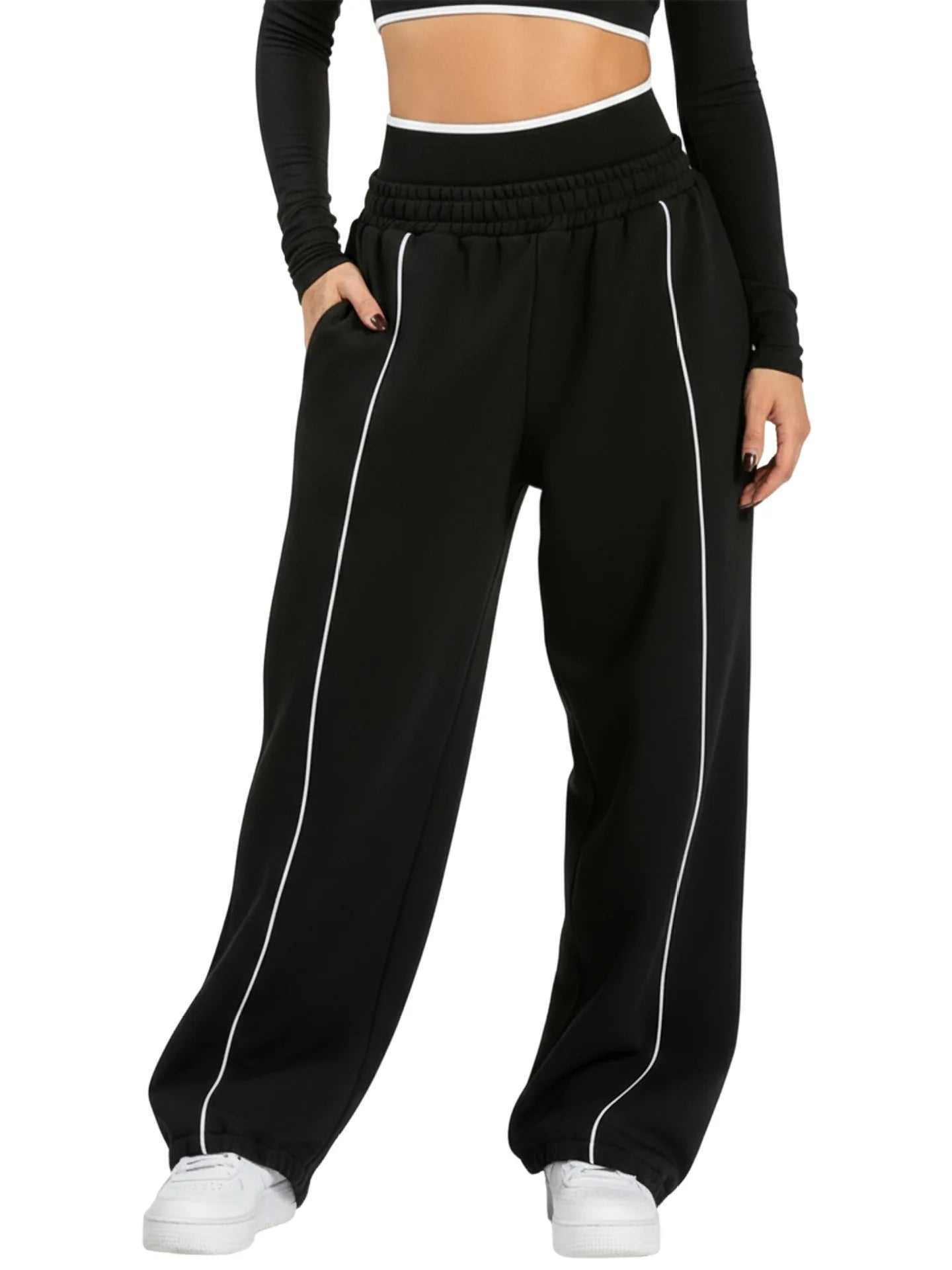 Women's Black Casual Pants with White Contrasting Stripes Wide-leg Sports Pants with Elastic Waistband Loose-fitting Long Pants